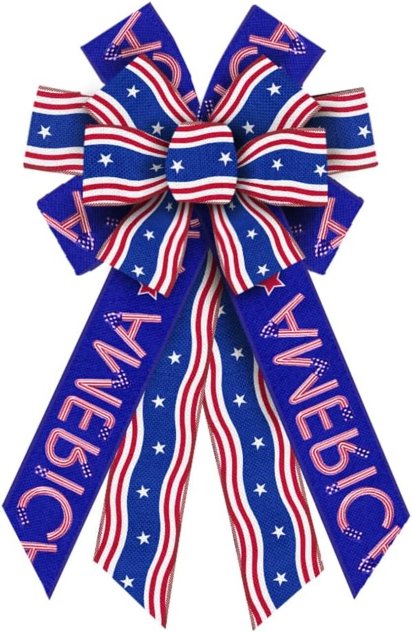 Large Patriotic Wreath Bow – Red, White & Blue Stripes Burlap Bow with Stars for Front Door, Memorial Day, 4th of July, Independence Day Indoor/Outdoor Holiday Decor